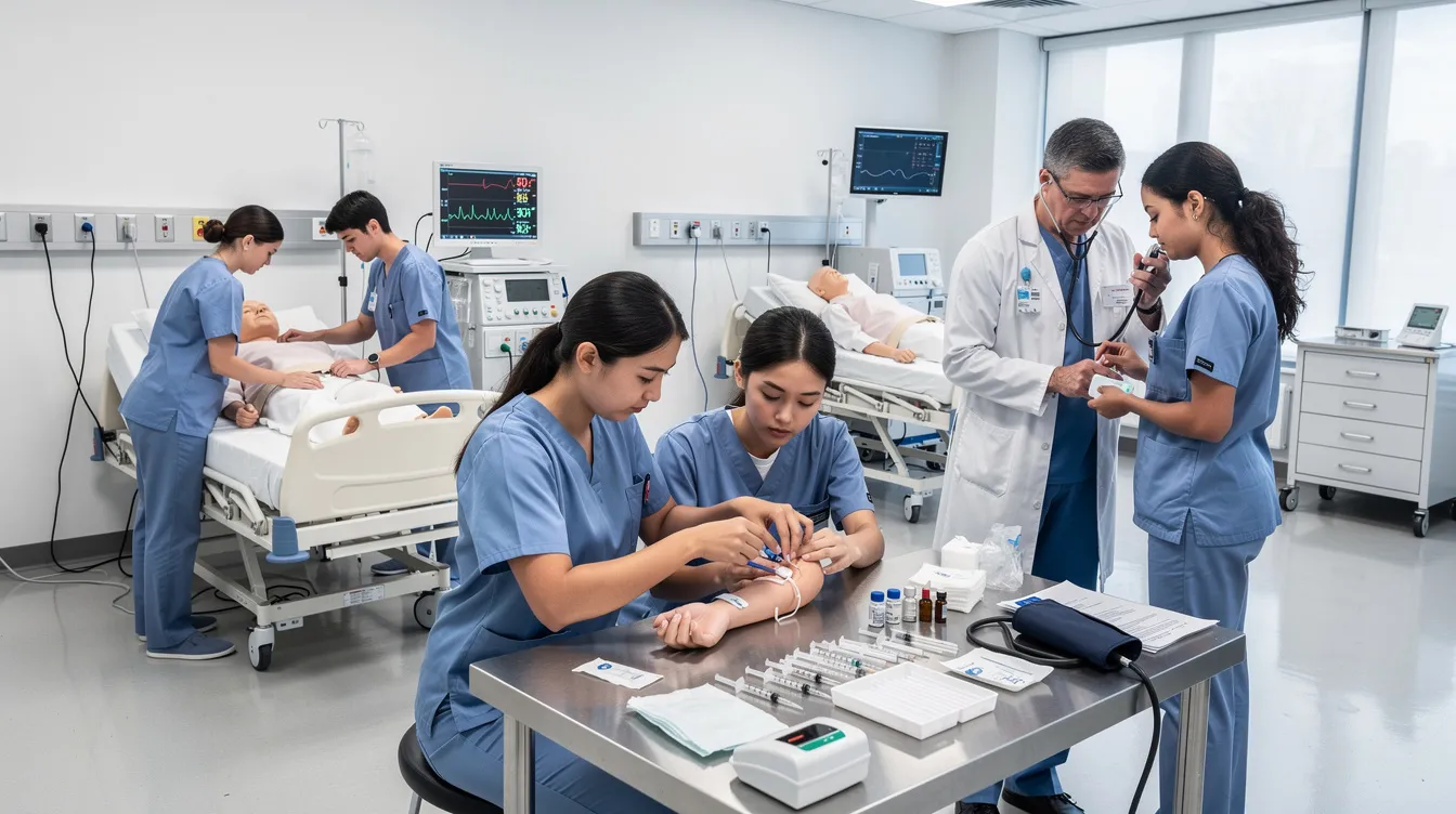 Healthcare students are engaged in hands-on practice of clinical skills in a training lab, surrounded by various medical equipment. This environment prepares them for careers in patient care, enhancing their abilities in vital signs monitoring and direct patient care as part of their patient care technician training.