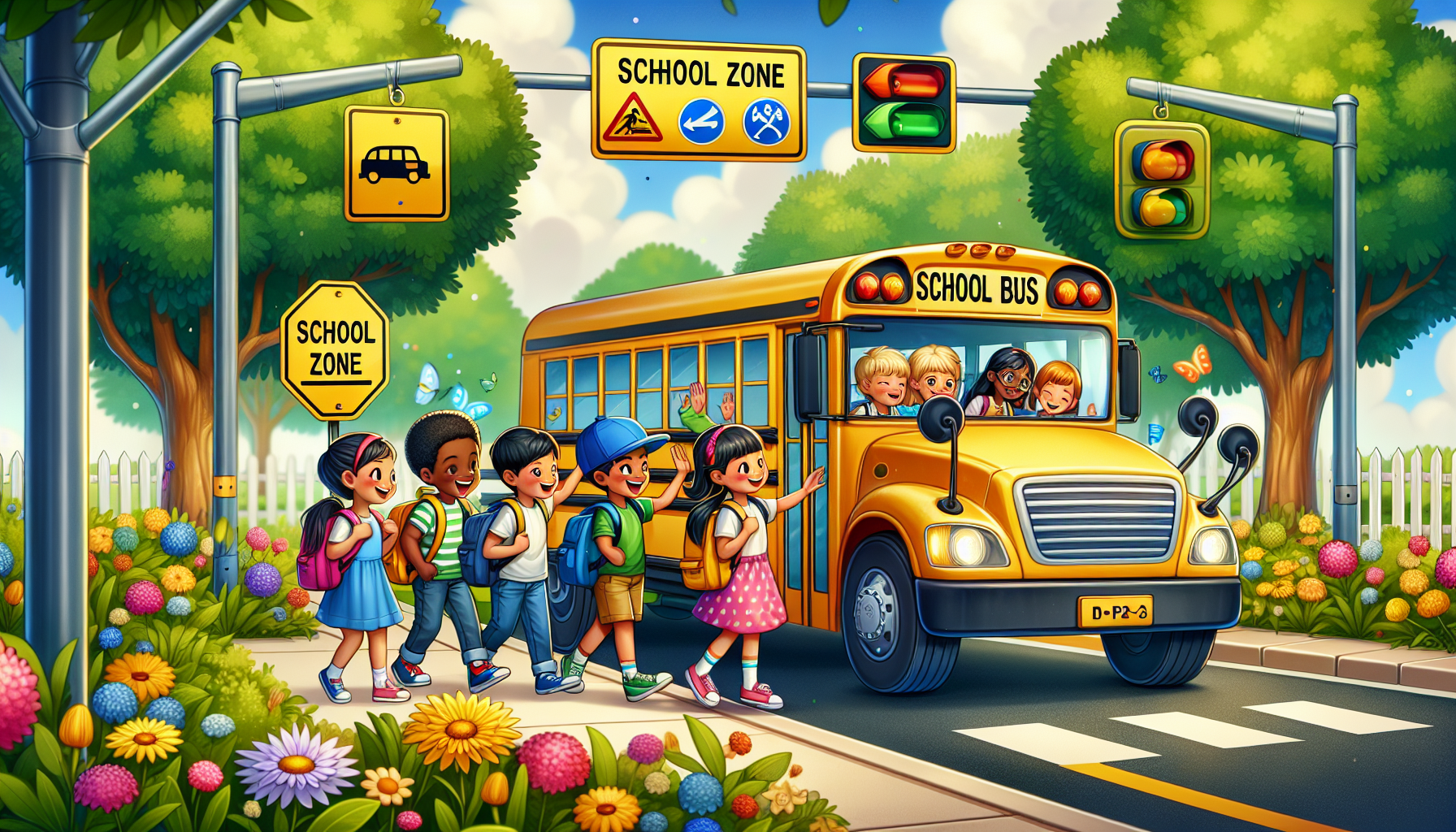 An illustration showing school bus regulations and safety protocols.