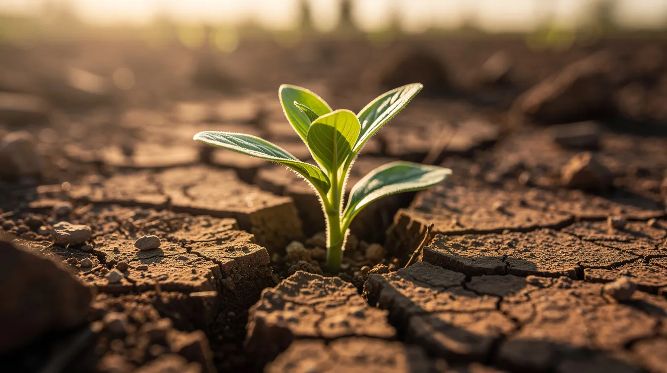 A small green seedling, resembling a mustard plant, emerges from the dry cracked soil under warm sunlight, symbolizing humble beginnings and the potential for growth in God's kingdom. This image reflects the idea of faith and life, illustrating how great things can start from small beginnings, much like the parables of Jesus.