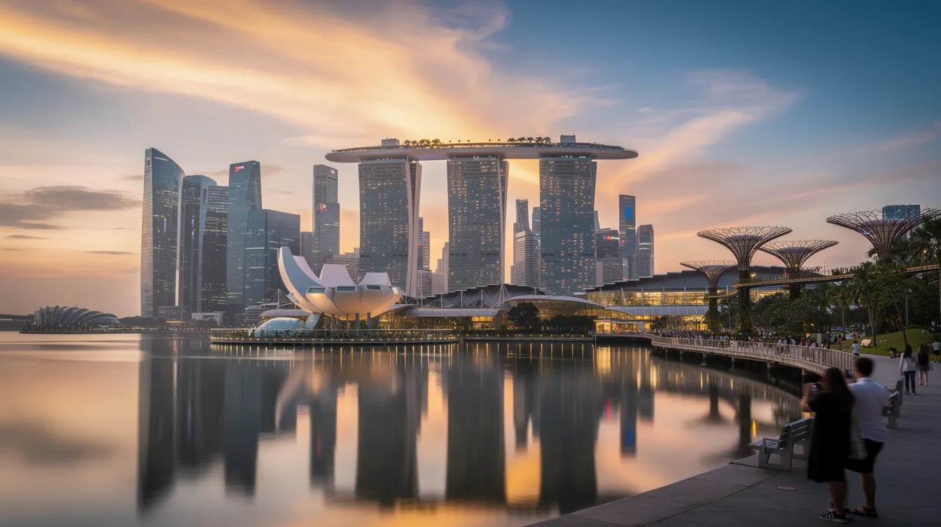 A imagem mostra uma vista deslumbrante de Cingapura, com arranha-céus modernos refletindo a luz do sol e o famoso Marina Bay Sands em destaque. A cidade é um destino popular para turistas e possui uma mistura vibrante de cultura, comércio e atrações, tornando-se um ponto de referência no mundo das viagens.