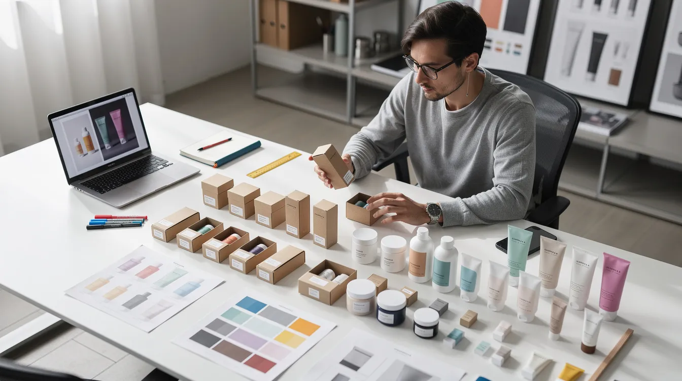 A designer is seated at a table, examining various product samples and packaging options, crucial for preparing listings on popular online marketplaces. The scene highlights the meticulous process of managing sales and ensuring competitive pricing for online businesses aiming to sell products effectively.