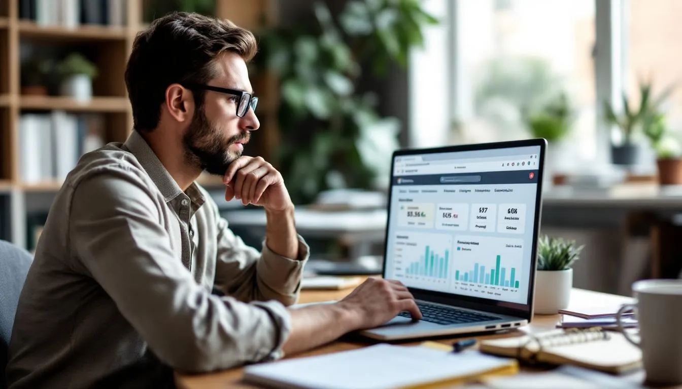A person is seated at a desk, intently using a laptop that displays a keyword research tool interface, essential for search engine optimization (SEO). The screen features various metrics and data points that help in understanding search queries and improving a website's search engine rankings.