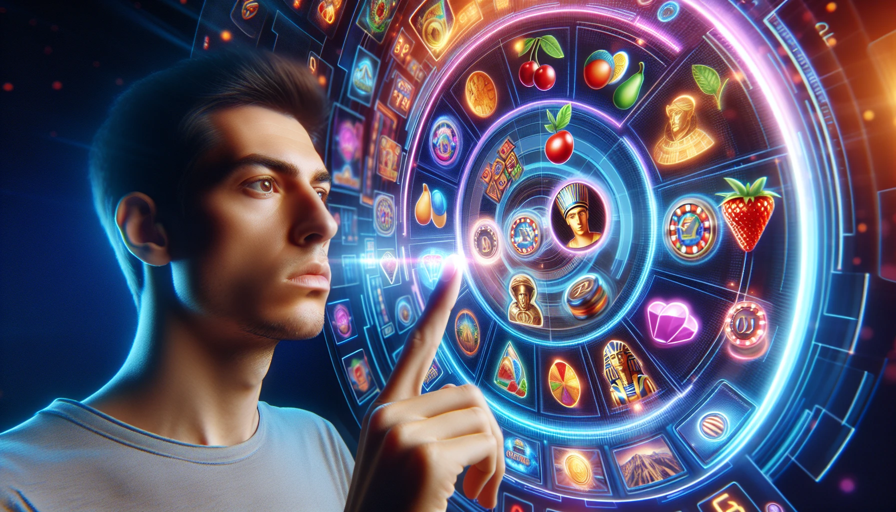 Illustration of a person selecting a slot game for free spins. Free Spins No Deposits