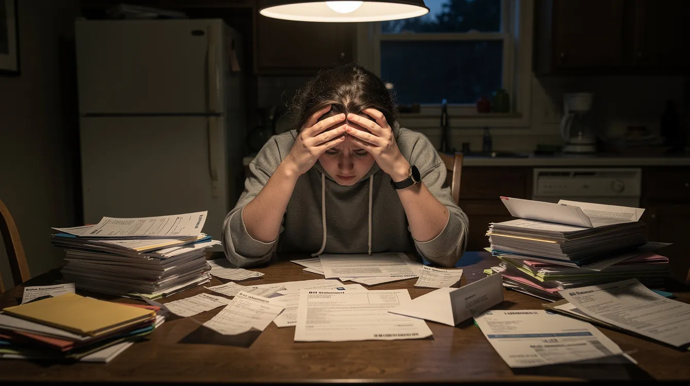 A person sits at a kitchen table overwhelmed by stacks of bills and envelopes, displaying signs of stress as they contemplate their financial situation. The cluttered table suggests a struggle with multiple debts and the need for effective repayment plans.