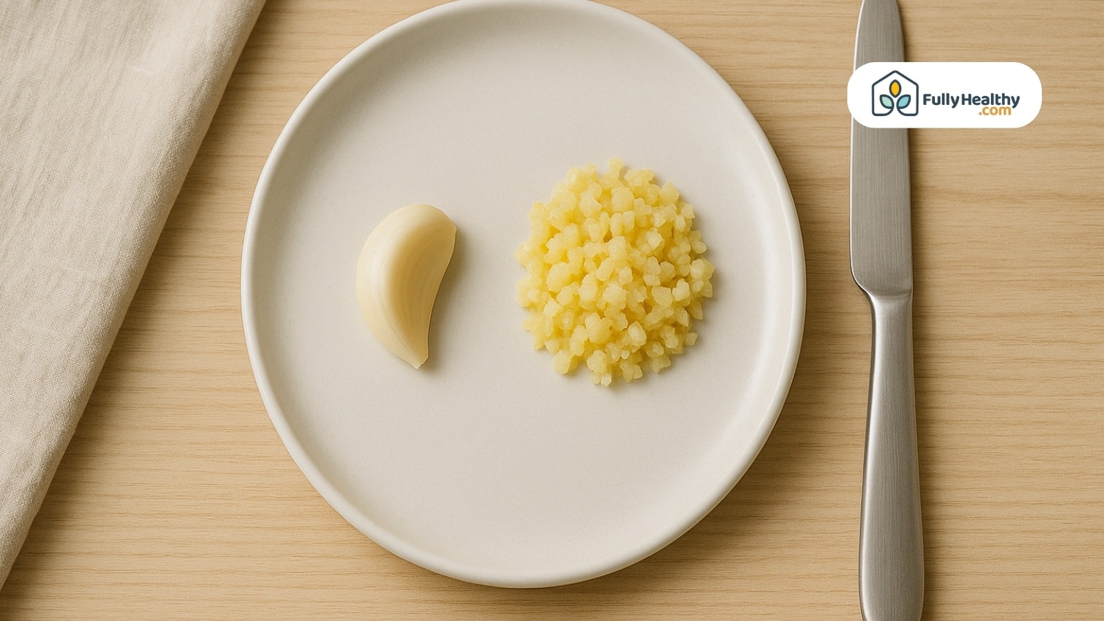 Garlic clove and minced garlic served neatly on white round plate