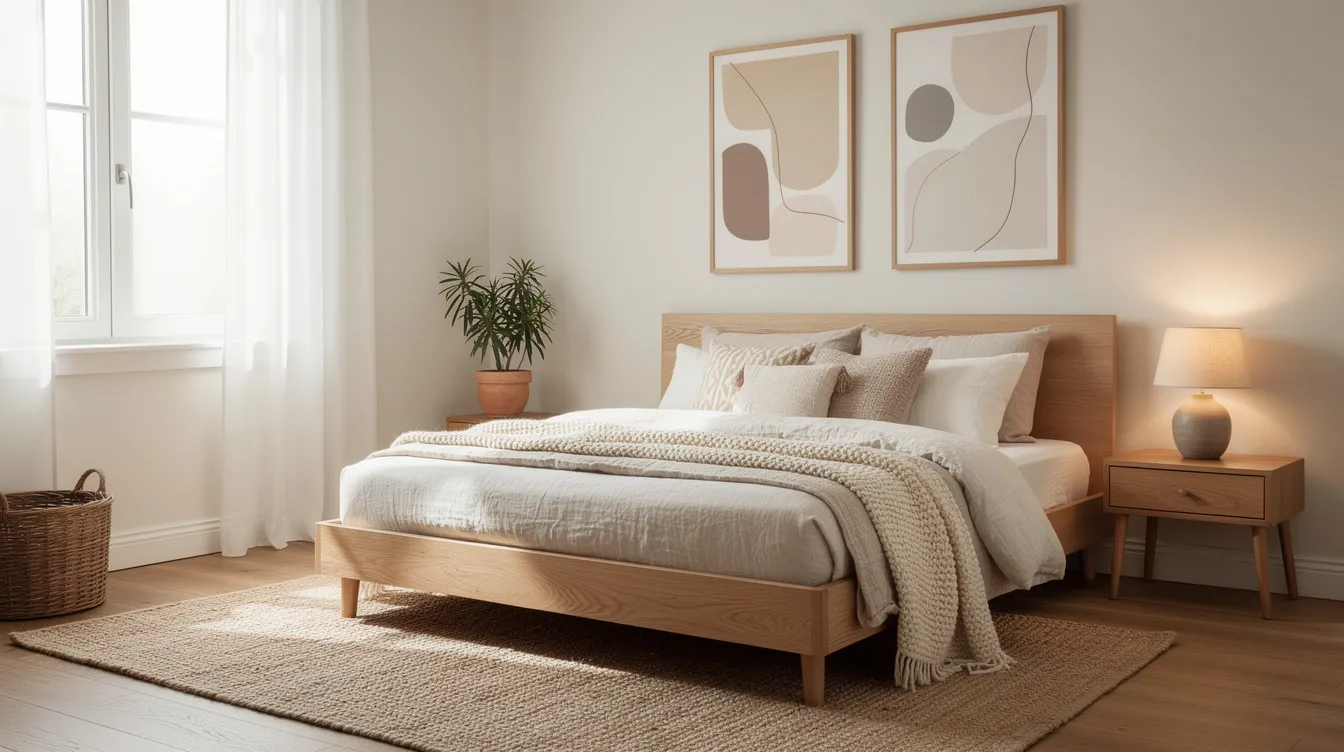 The image showcases a cozy bedroom designed to promote relaxation, featuring natural textures, soft throws, and calming neutral wall art. This serene space is ideal for creating a sleep sanctuary that enhances sleep quality and supports mental health, encouraging a consistent sleep schedule and better sleep habits.