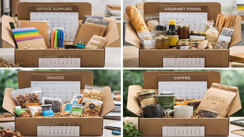 Monthly subscription gift boxes featuring office supplies, gourmet foods, snacks, and coffee for recurring client gifting.