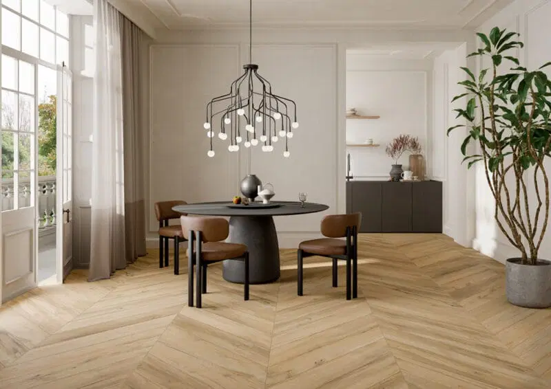The stunning new collection - Chevron XL Daring Honey Porcelain Wood Effect Floor Tiles by Rondine.