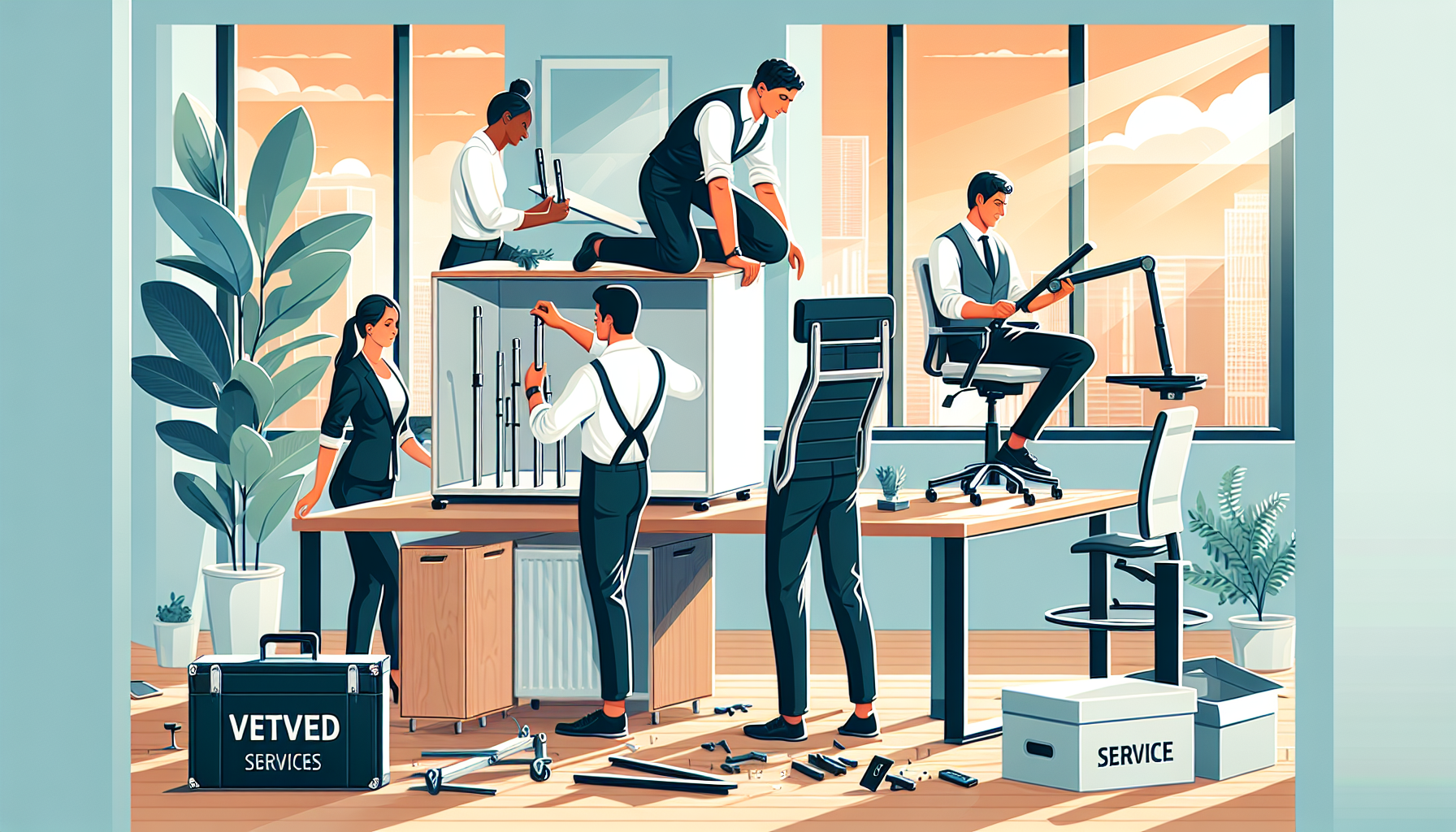 Illustration of vetted service providers efficiently setting up office furniture in a new location