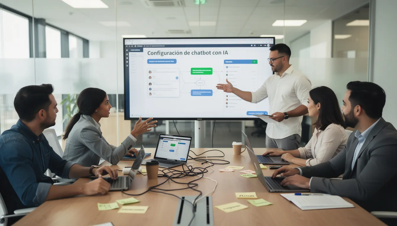 Un equipo de trabajo está colaborando en la configuración de un chatbot con IA en una sala de juntas, utilizando herramientas de inteligencia artificial para mejorar la experiencia de servicio al cliente y optimizar los flujos de trabajo. En la mesa, hay laptops abiertas mostrando datos sobre procesamiento de lenguaje natural y casos de uso de chatbots.