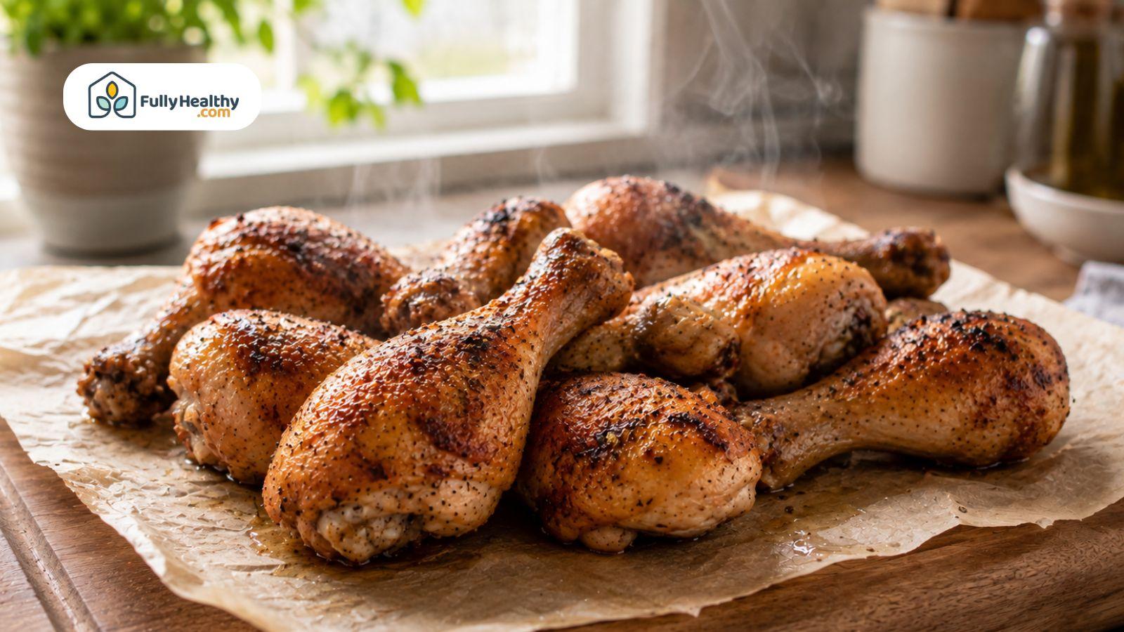 Roasted kosher chicken drumsticks arranged on parchment paper, ready to serve warm.