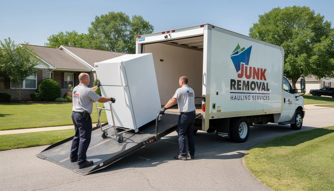 The image shows a large appliance being carefully loaded onto a junk removal truck, highlighting the process of hoarding cleanup. This professional hoarding cleanup service aims to help property owners and family members dispose of unwanted items safely and compassionately, creating a clutter-free space.