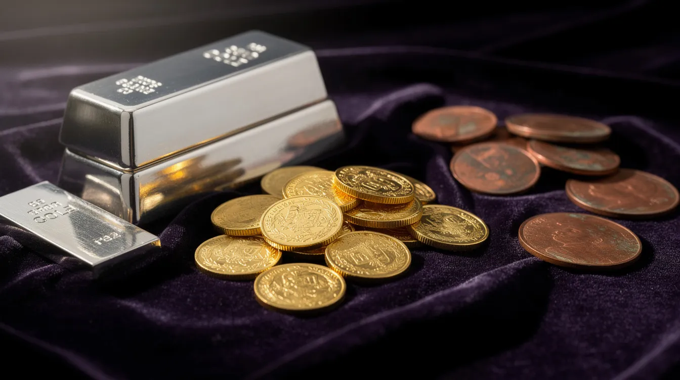 Wholesale Precious Metals: Silver and Gold for Stackers and Resellers 18 Gold coins, silver bars, and copper rounds on dark velvet