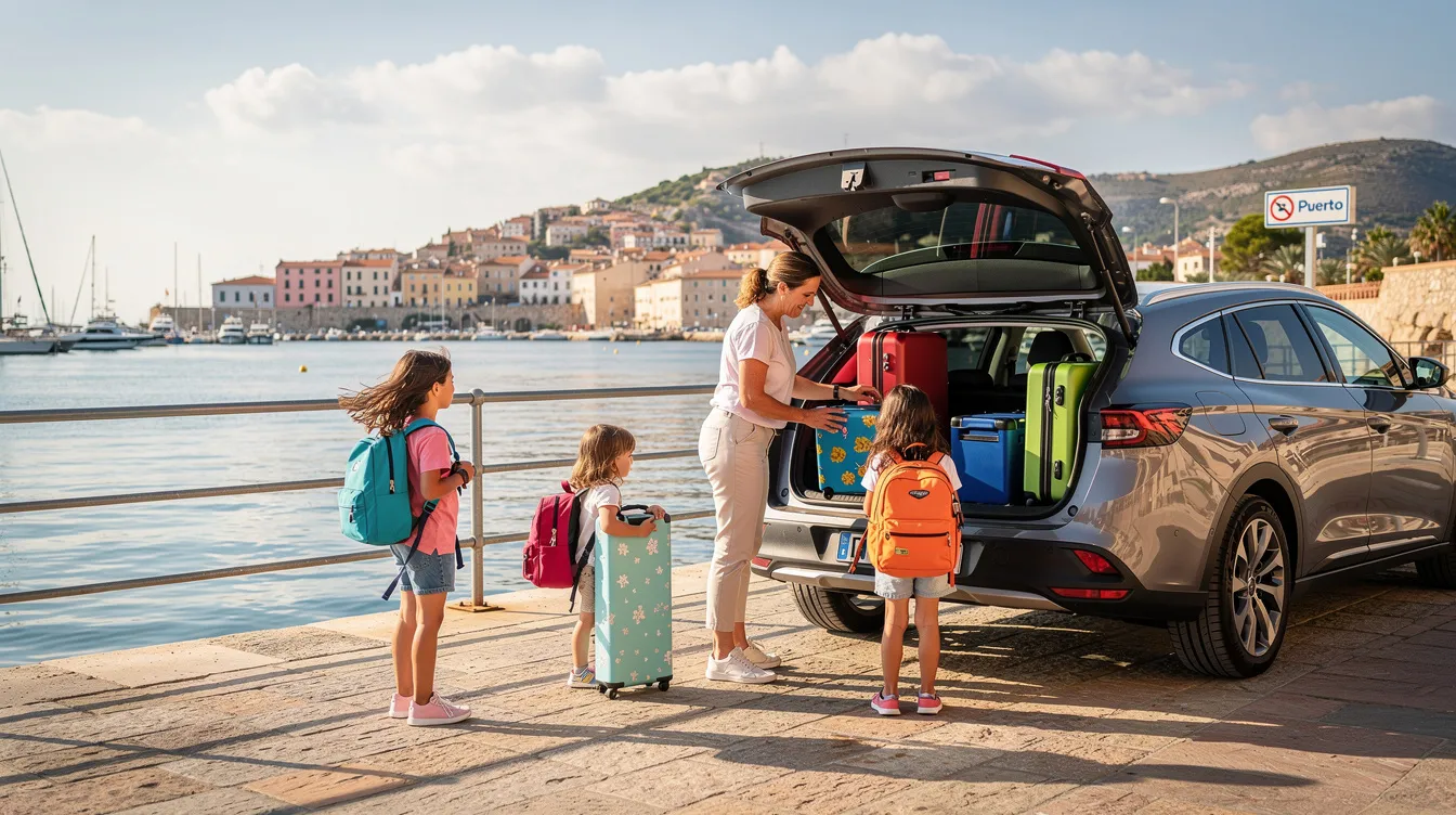 Une famille charge ses valises dans une voiture de location près du port.