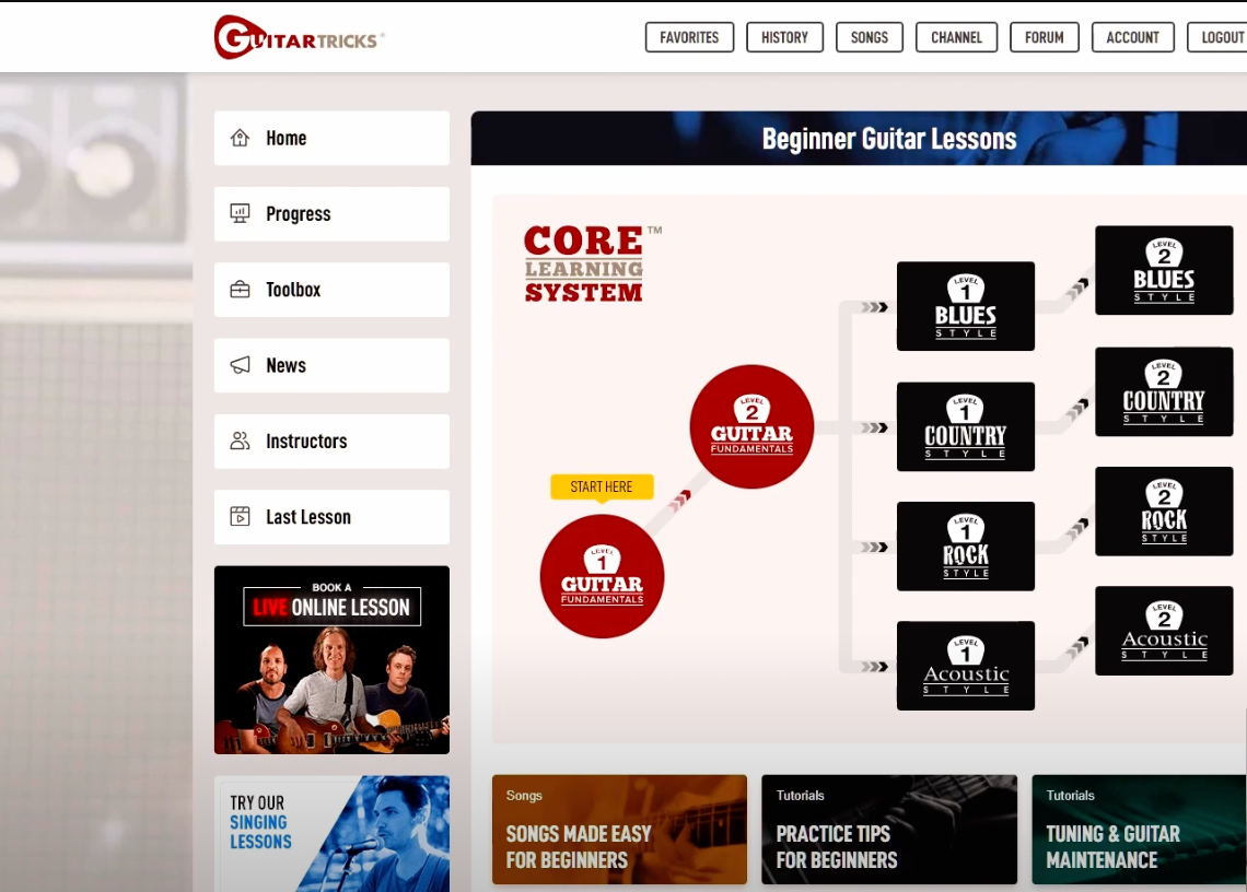 A screenshot showing Guitar Tricks core learning system.