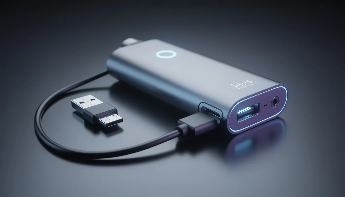 Der Wolkenkraft Äris Vaporizer neben einem Micro USB Kabel, um die Ladeoptionen zu verdeutlichen.