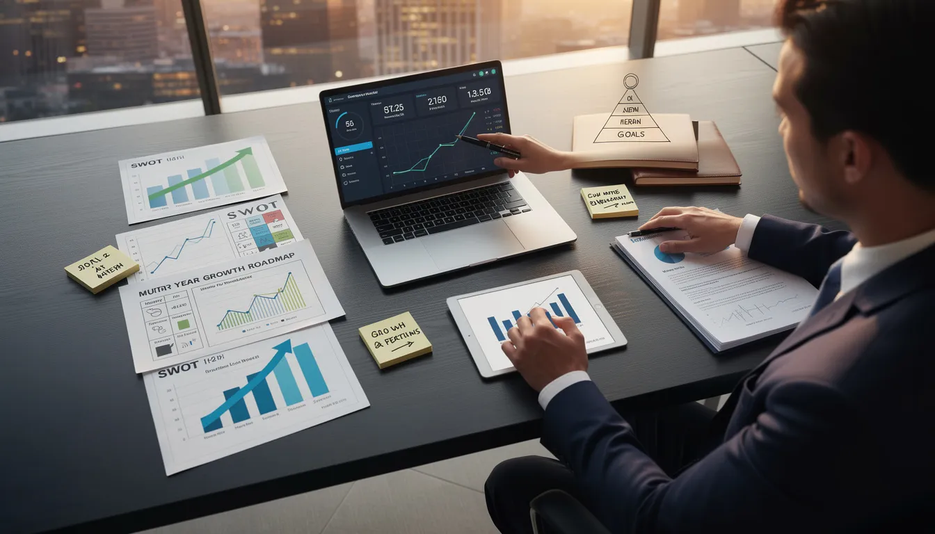 The image depicts a person reviewing their financial strategy, surrounded by documents and a laptop. They are focused on creating a budget that includes essential living expenses, debt repayment plans, and savings goals to ensure financial health and success in their financial journey.