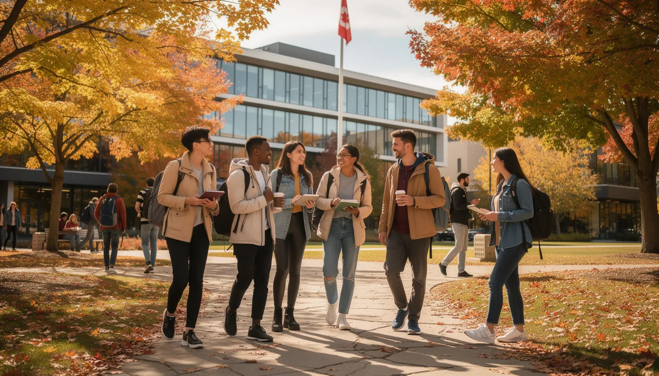 L'image montre un groupe d'étudiants internationaux sur un campus universitaire canadien, entourés de feuillage aux couleurs automnales. Ils discutent et sourient, symbolisant l'expérience d'étudier au Canada et l'importance du permis d'études pour leur parcours académique.