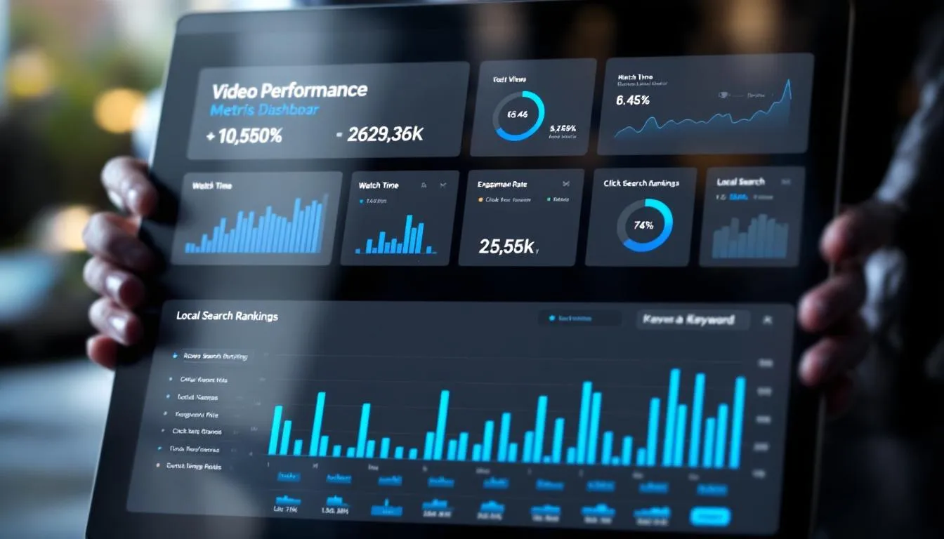 The image depicts an analytics dashboard showcasing key video performance metrics, including local search rankings and engagement statistics. This comprehensive guide helps businesses optimize their video marketing strategy, improve SEO, and generate high-quality leads through effective video content.