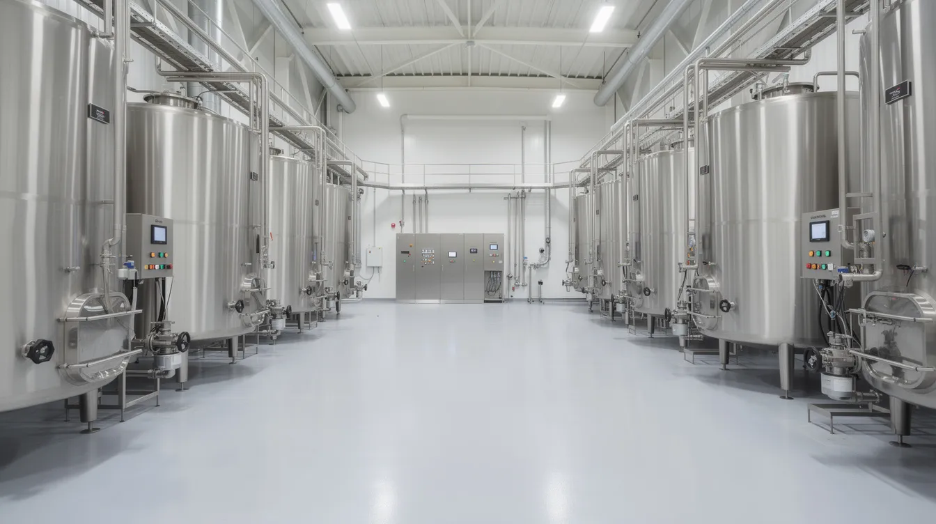 168e8f99 d6bd 4b92 a5a6 ff01383f121f The image depicts the interior of a modern stainless steel dairy processing plant, showcasing large vessels and intricate piping systems essential for the ghee manufacturing process. This facility is designed for efficient milk processing and quality control, ensuring the production of high-quality dairy products like clarified butter.