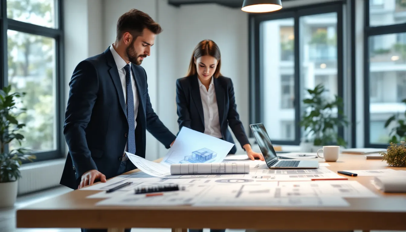 Dans l'image, un entrepreneur et un client examinent attentivement des plans et devis pour un projet de solarium, discutant des options de construction et des coûts associés à un solarium 4 saisons. Les documents présentent des détails sur les matériaux, la structure et les choix de finitions pour créer un espace lumineux et accueillant dans la maison.