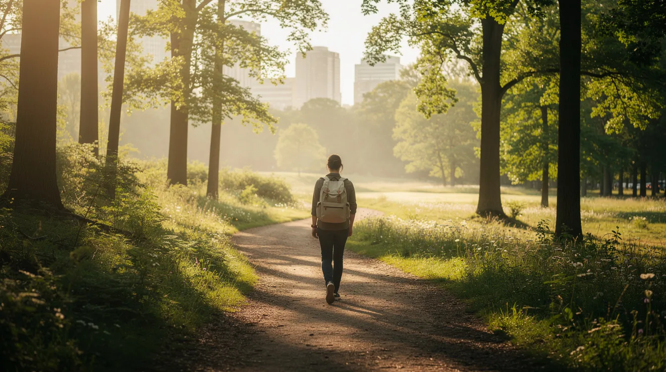 Une personne marche sur un sentier à travers une forêt en fin d'après-midi, symbolisant le lâcher-prise et la prise de recul dans son quotidien professionnel. Cette scène évoque un équilibre entre le travail et la vie personnelle, offrant un moment de sérénité loin des responsabilités et du stress.