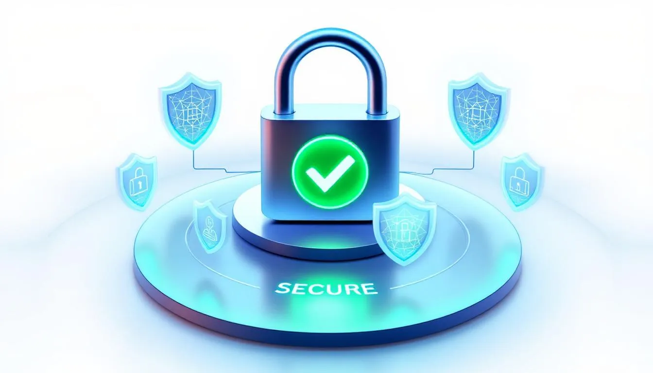 En ikon av ett säkert lås omgiven av skyddande sköldsymboler representerar säkerhetsåtgärder för utländska casinon online. Bilden betonar vikten av trygghet för spelare som väljer att spela på utländska casinon.