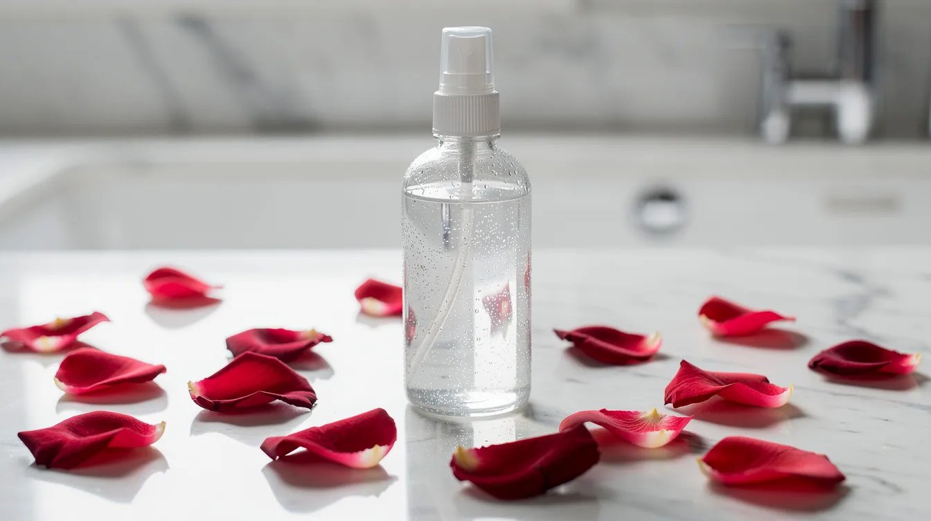 The image features fresh rose petals alongside a clear spray bottle on a pristine bathroom counter, suggesting a refreshing rose water mist for skincare. This setup hints at a natural and soothing facial toner, ideal for sensitive or dry skin.