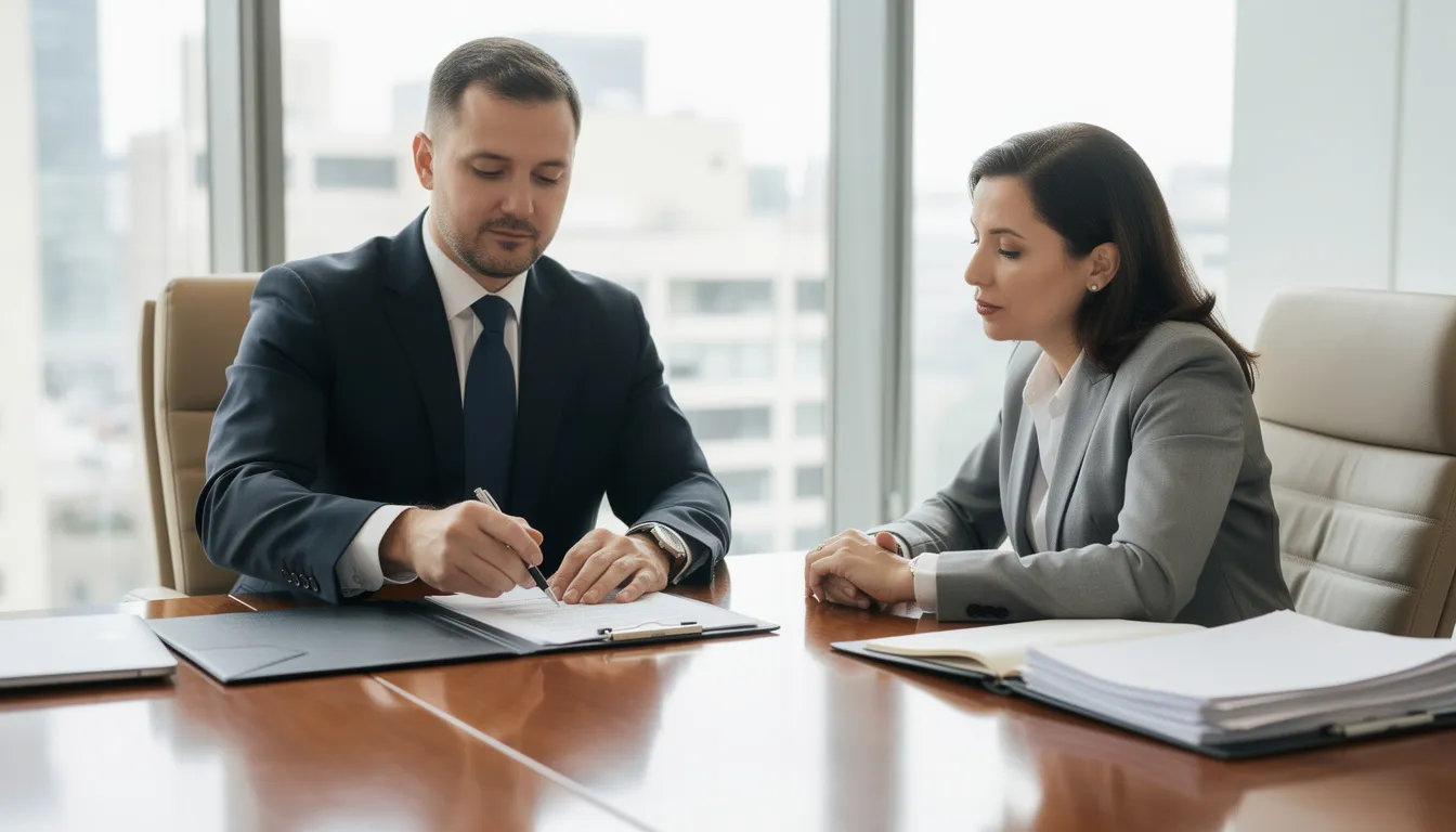 A professional meeting is taking place between an attorney and a client as they review legal documents related to personal injury claims, focusing on issues such as lost wages and medical expenses from a workplace injury. The attorney provides legal guidance to ensure the client understands the workers compensation process and seeks fair compensation for their serious injuries.