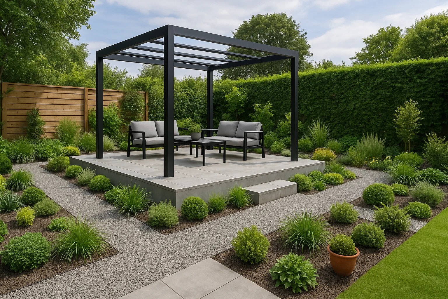 Modern garden with raised patio, pergola, and gravel pathways after professional groundworks.