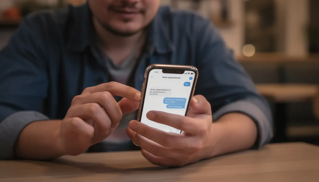 A person is focused on their smartphone, either sending a message or making a booking, possibly related to dstv installation services. The scene captures the modern convenience of technology in managing services like dstv dish installation or exploring options for a new decoder setup.