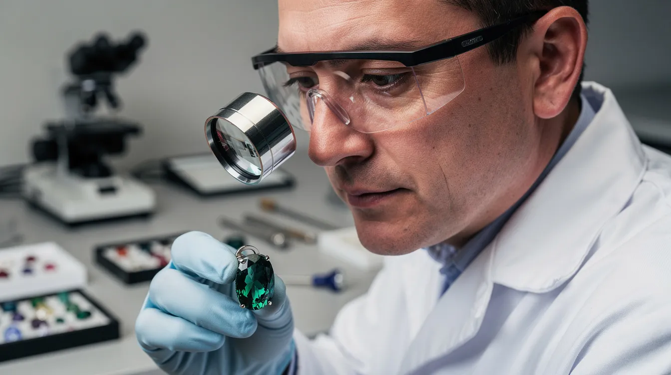 A professional gemologist is closely examining a colored gemstone through a jeweler's loupe, highlighting the intricate details and crystal structure of the precious stone. This meticulous analysis is essential for assessing the gemstone's quality and market value, especially for rare gemstones like the pink star diamond or the hope diamond.
