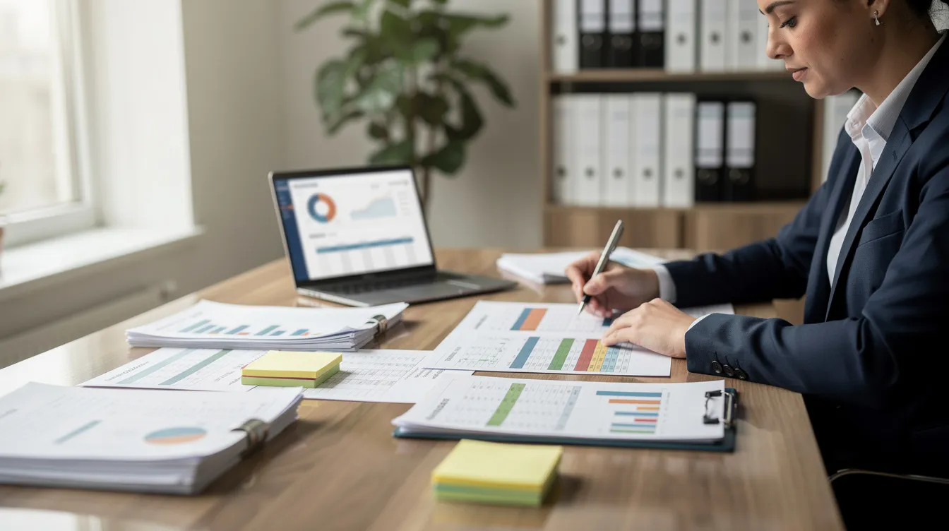 A professional is seated at a desk, meticulously reviewing financial documents and spreadsheets, surrounded by printed project reports related to the dal mill business. The scene highlights the importance of regulatory compliance and operational planning in ensuring the success of small mill owners in the growing market for processed pulses.