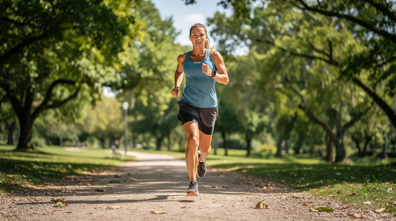 The image depicts a fit individual jogging along a park trail, surrounded by lush trees, emphasizing an active lifestyle that contributes to overall well-being. This scene reflects the importance of fitness, which can complement cosmetic procedures, such as those offered by a plastic surgeon in Staten Island, to achieve aesthetic goals.