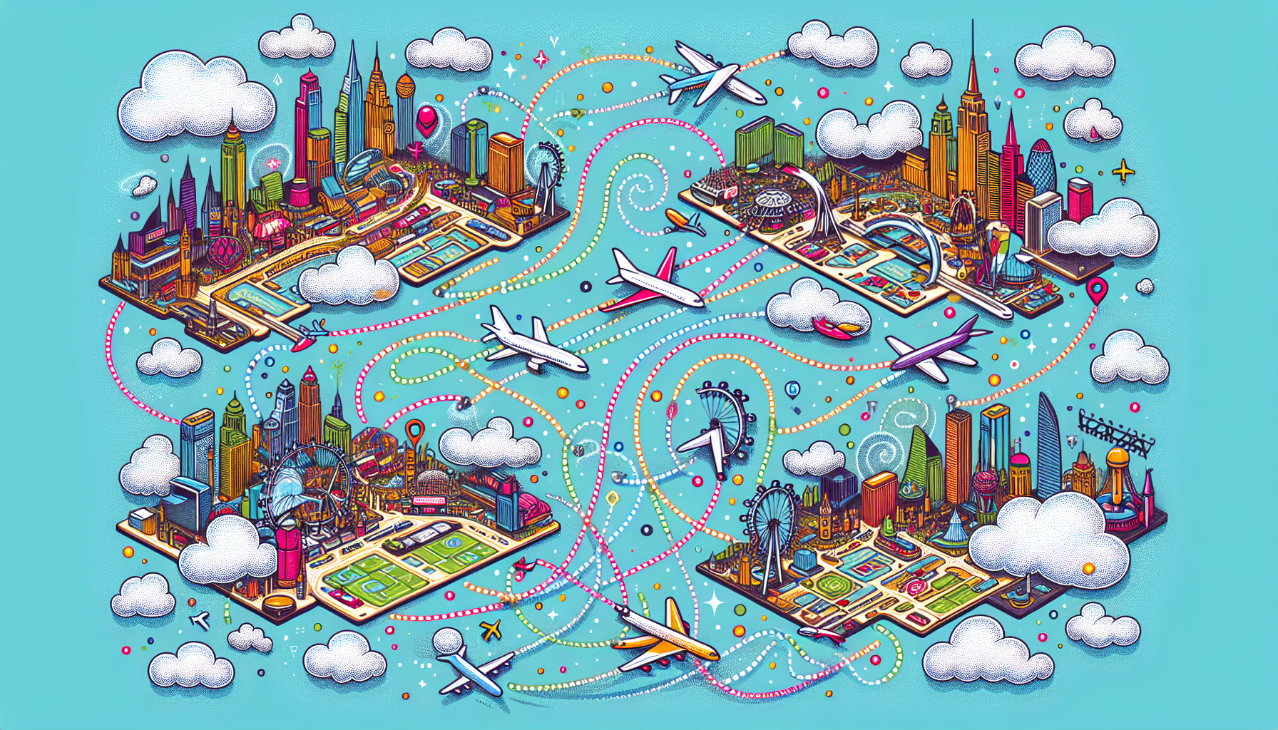 An illustration showing popular airports near London and Las Vegas.