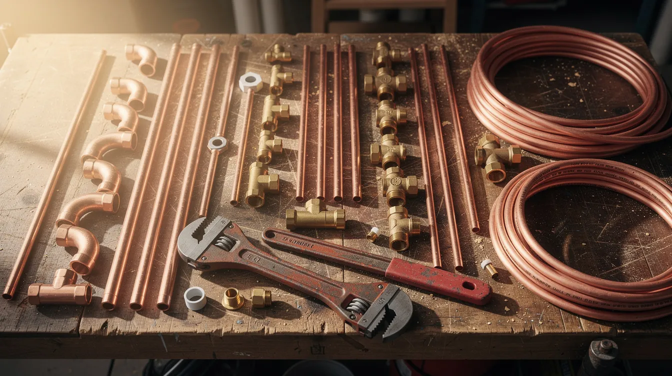 The image shows a workbench cluttered with copper and PEX plumbing pipes and fittings, accompanied by several pipe wrenches, illustrating tools commonly used by professional plumbers for various plumbing repairs. This setup is essential for addressing common plumbing emergencies, such as burst pipes or sewer backups, particularly for Seattle homeowners seeking immediate help from an emergency plumber.