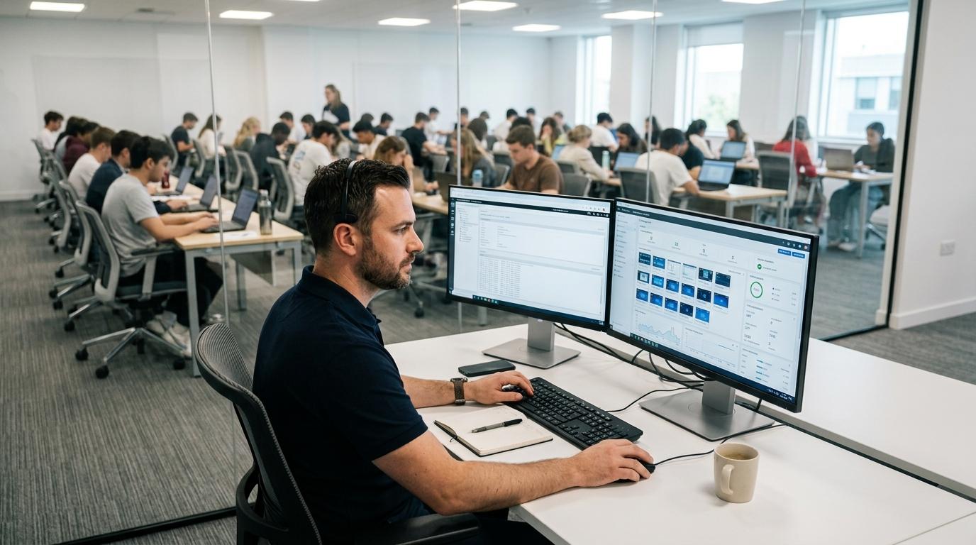 IT administrator managing cloud-based virtual desktops for online assessments with students taking exams on laptops in the background.