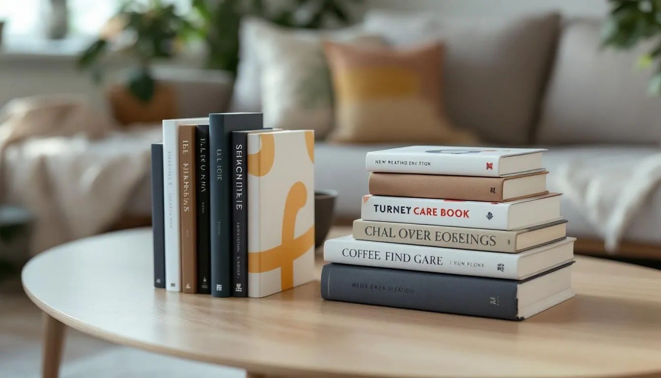 A coffee table adorned with a selection of books, demonstrating effective book display techniques.