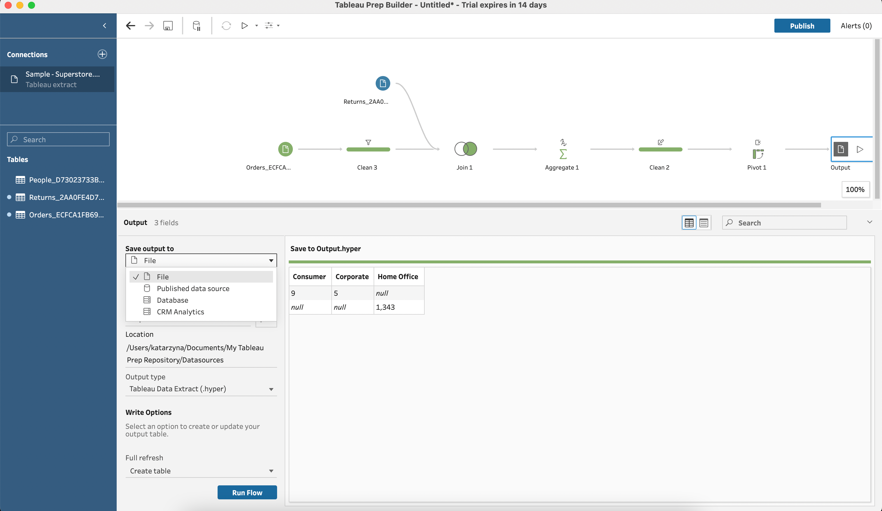 Example of saving the output in Tableau Prep