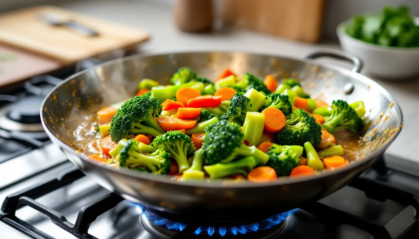 The image depicts a wok filled with colorful vegetables being stir-fried in a high smoke point oil, possibly canola or grapeseed oil, as they sizzle over high heat, creating an inviting aroma. The vibrant mix of greens, reds, and yellows showcases a healthy cooking method, perfect for preparing savory dishes.