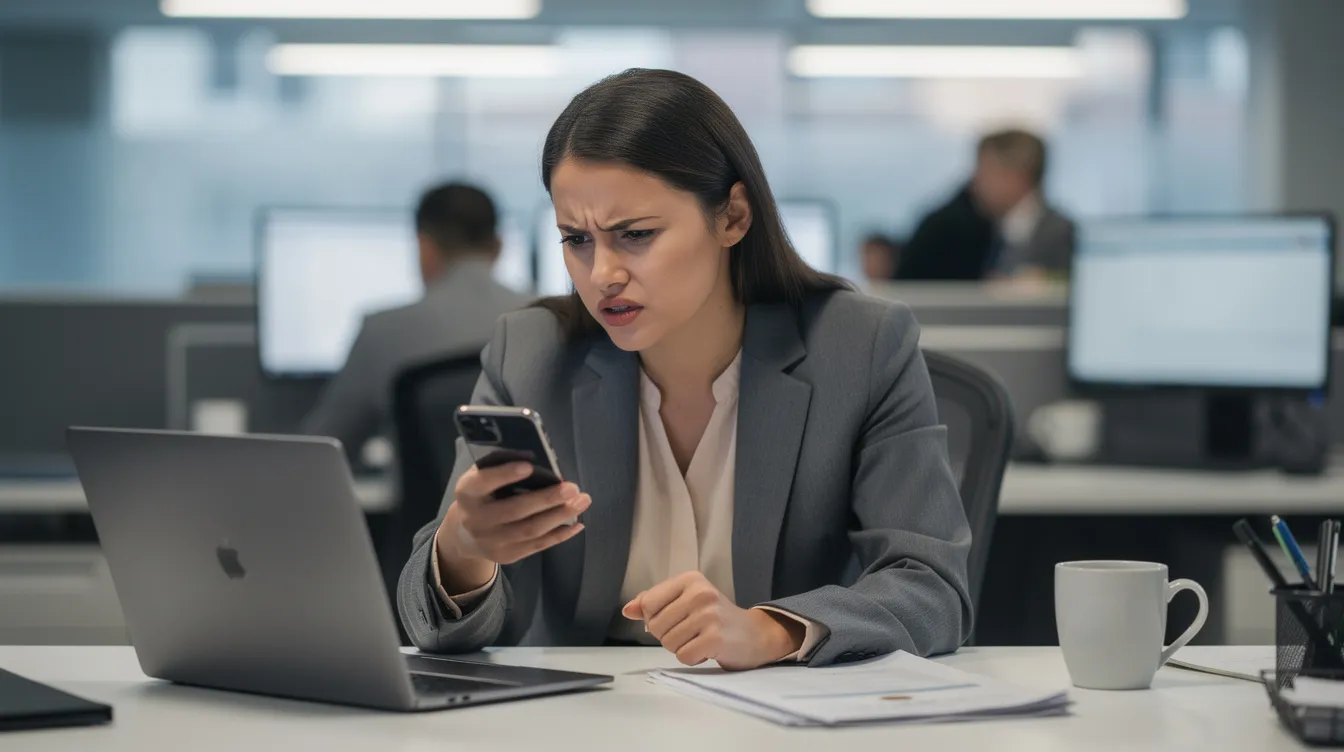 A woman at her workplace is staring angrily at her cellphone screen, possibly frustrated by a message or notification related to online dating or a dating app. Her expression suggests she may have encountered a warning sign or a scam while navigating her social media accounts.
