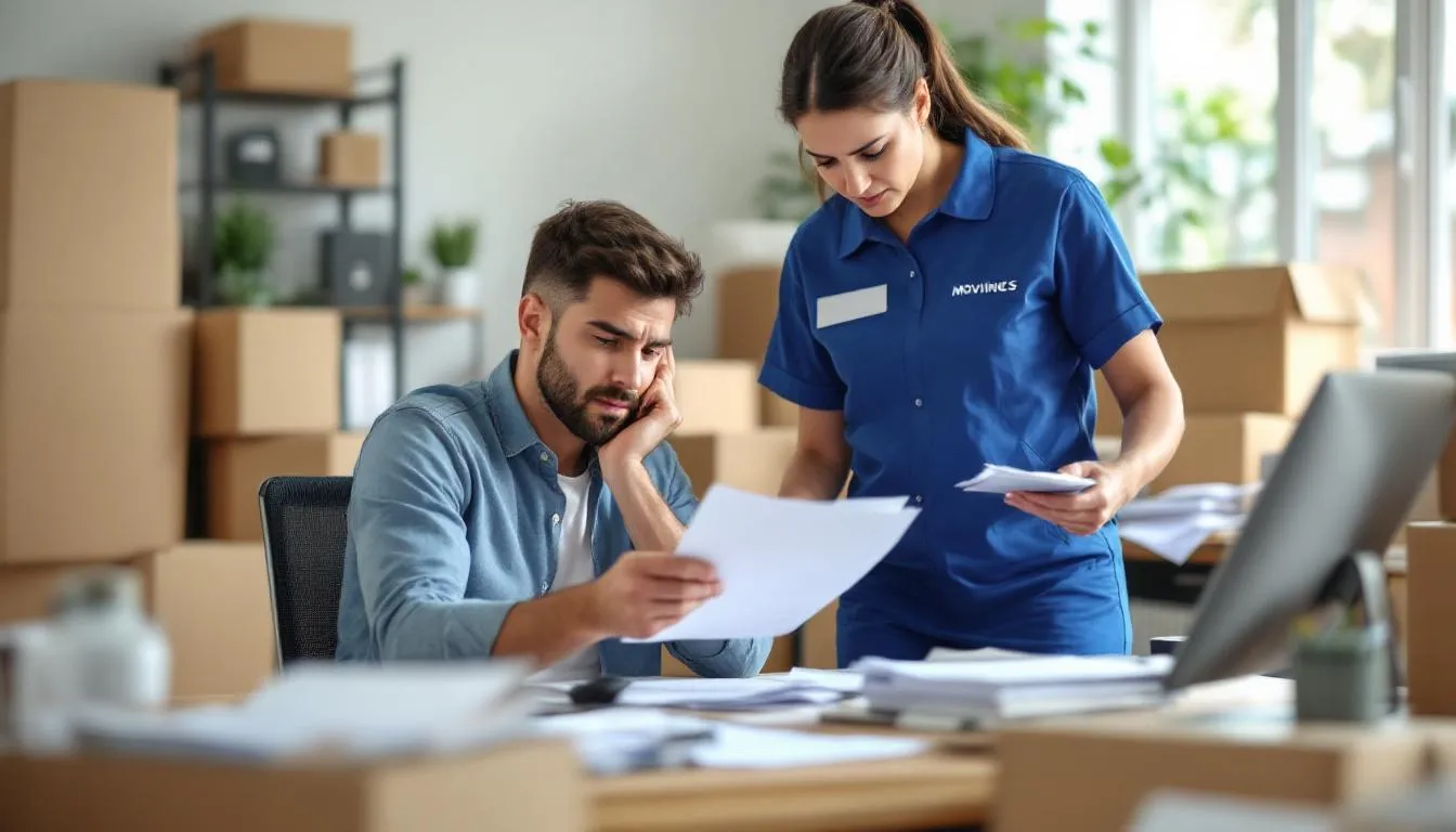 Mitarbeitende beim Packen von Umzugskartons, während eine Umzugsfirma Möbel aus einem Büro transportiert – symbolisch für Sonderurlaub für den Umzug und die Unterstützung durch den Arbeitgeber.