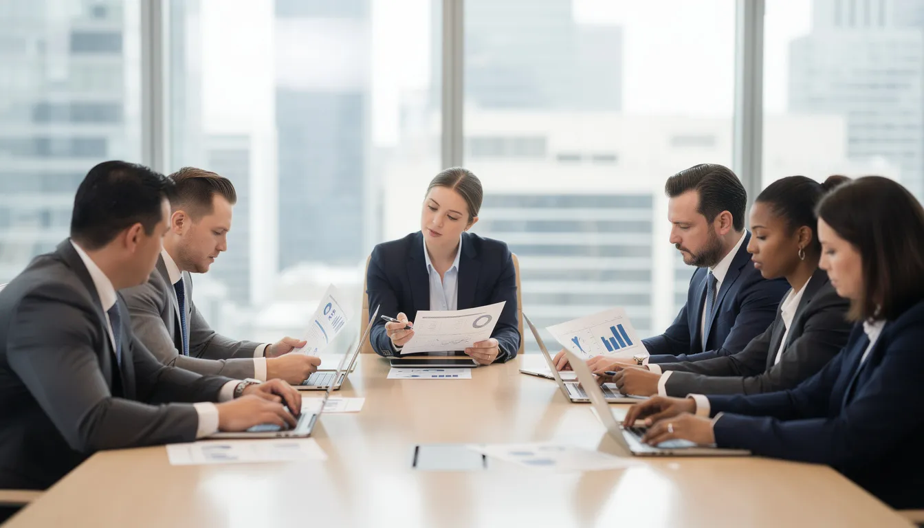 En la imagen se observa una reunión profesional de negocios donde varios inversionistas revisan documentos relacionados con el programa EB-5. La escena refleja un ambiente de colaboración y análisis, crucial para el proceso de obtención de la residencia permanente en Estados Unidos a través de la visa EB-5.