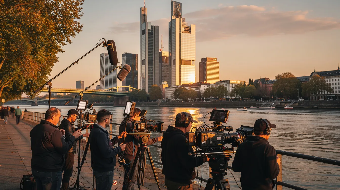 Ein Kamerateam mit professioneller Filmausrüstung dreht vor der beeindruckenden Skyline von Frankfurt am Main am Ufer des Mains, während das goldene Abendlicht die Szene beleuchtet. Diese Filmproduktion, die von muthmedia GmbH durchgeführt wird, zeigt das Engagement für hochwertige Videoproduktionen und kreative Medienproduktionen.