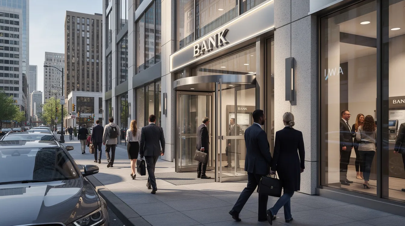 16a35f8a 0403 409d 8307 0da38f820d30 The image shows the exterior of a bank branch with several people walking in, likely seeking financial assistance for their businesses or personal loans. This bank, as a financial institution, offers various loan products, including mudra loans for eligible borrowers engaged in micro enterprises.