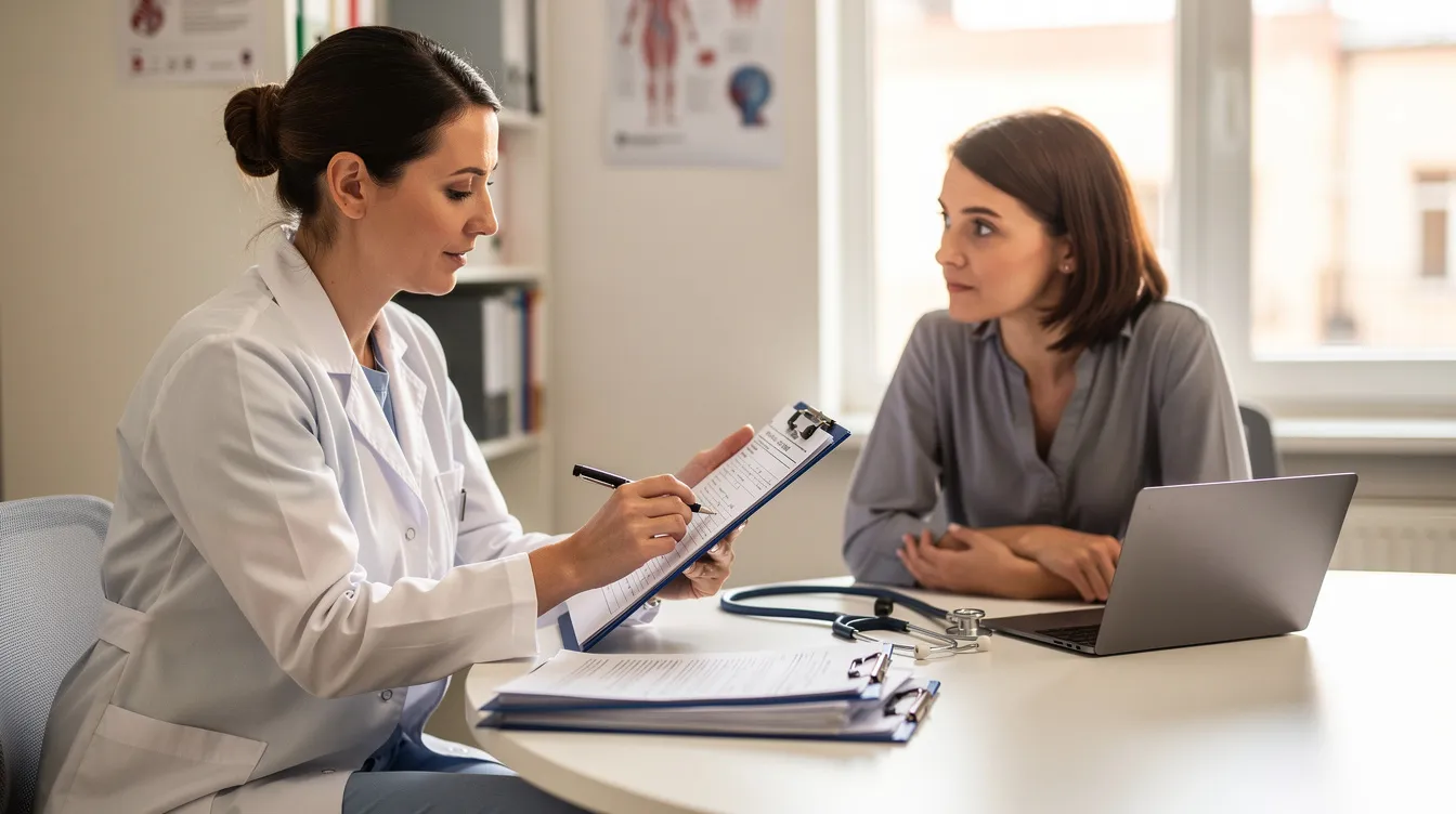 A medical professional in a white coat is reviewing documents with a patient, discussing important aspects of emotional and mental health as well as the aging process. This interaction highlights the significance of understanding biological mechanisms involved in health span and longevity science.