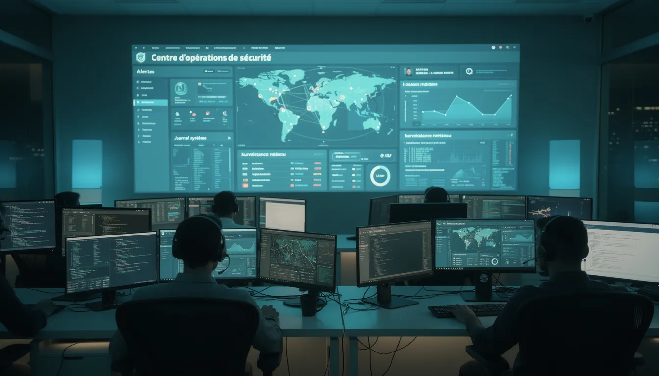 L'image montre un centre d'opérations de sécurité où des analystes surveillent des écrans de monitoring, analysant des données pour détecter des cybermenaces et des attaques potentielles. Les analystes utilisent des outils pour contrôler le réseau et répondre aux incidents de sécurité, veillant à la protection des systèmes contre les vulnérabilités.
