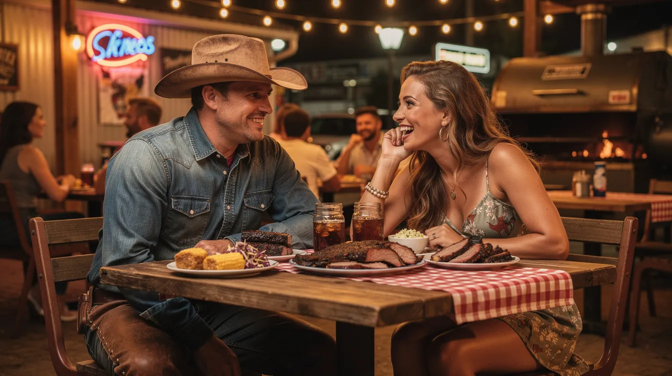 A cowboy in a classic hat and boots shares a fun evening with a woman at a BBQ restaurant, surrounded by a lively atmosphere filled with country music. The scene captures the essence of cowboy dating, showcasing a perfect match enjoying their time together in an authentic setting.