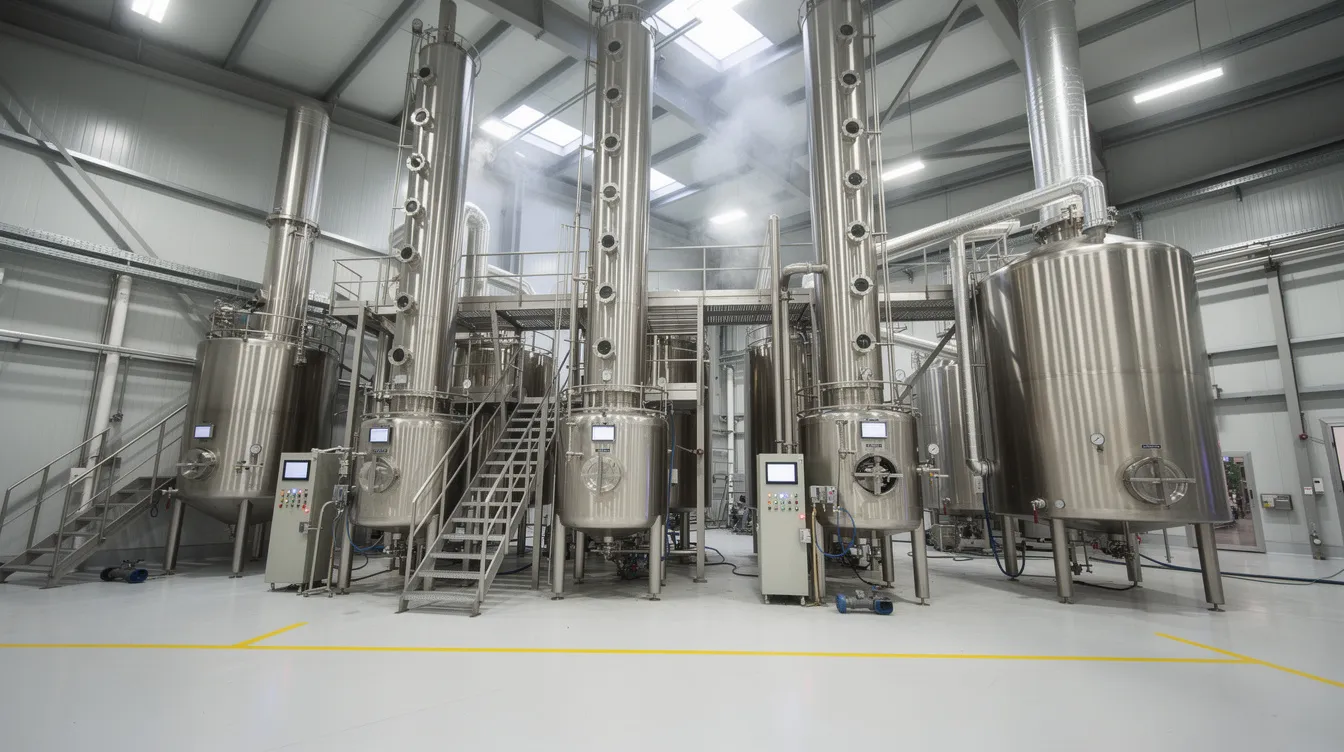 16a9645f 4b2b 466b ba6d a18ca21d5bf9 The image depicts a modern ethanol production facility featuring industrial stainless steel distillation columns and fermentation tanks, essential components of the ethanol manufacturing process. This setup highlights the advanced technology used in grain-based ethanol production, emphasizing the facility's capacity to meet ethanol demand efficiently.