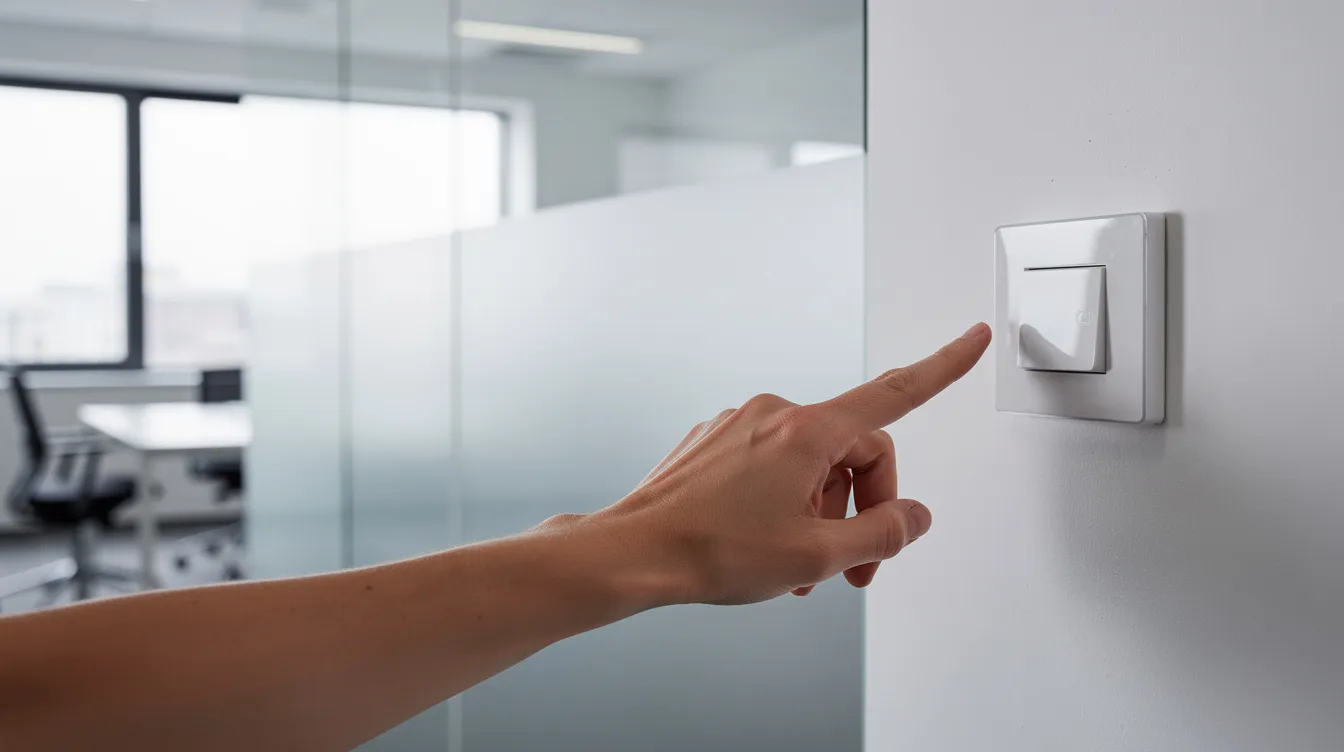 A close-up view shows a hand pressing a sleek wall switch next to a glass office partition that transitions from a transparent state to an opaque state, demonstrating the functionality of switchable smart glass technology for instant privacy in commercial spaces. The glass surface reflects the modern design, enhancing the office's aesthetic while providing control over light transmission and sun exposure.